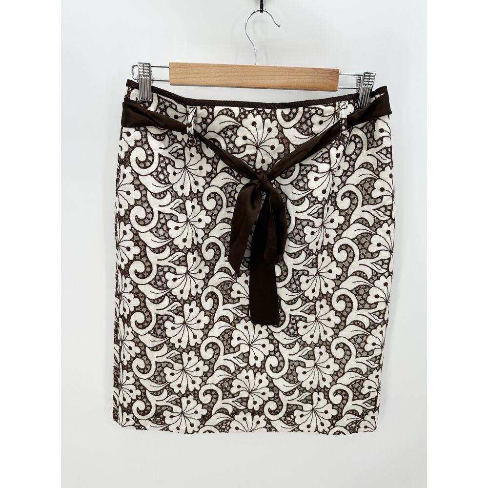Cynthia Cynthia Steffe Brown White Linen Cotton Embroidered Knee Length Skirt 6 - Picture 1 of 7